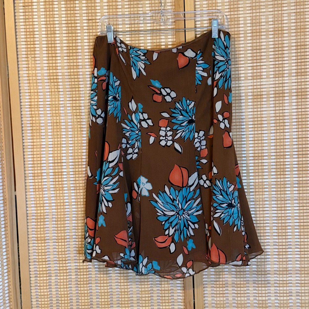 Metrostyle Brown Floral A-Line Midi Skirt Turquoise Orange Print Boho Fairycore